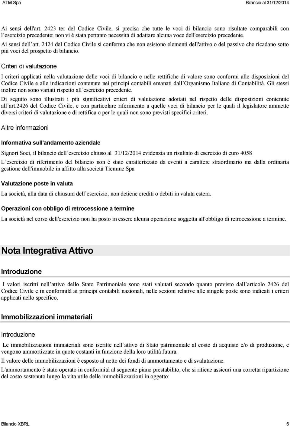 precedente. Ai sensi dell art. 2424 del Codice Civile si conferma che non esistono elementi dell'attivo o del passivo che ricadano sotto più voci del prospetto di bilancio.