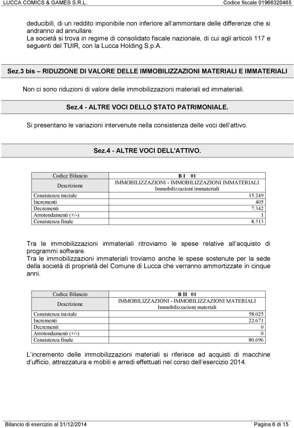 3 bis RIDUZIONE DI VALORE DELLE IMMOBILIZZAZIONI MATERIALI E IMMATERIALI Non ci sono riduzioni di valore delle immobilizzazioni materiali ed immateriali. Sez.4 - ALTRE VOCI DELLO STATO PATRIMONIALE.