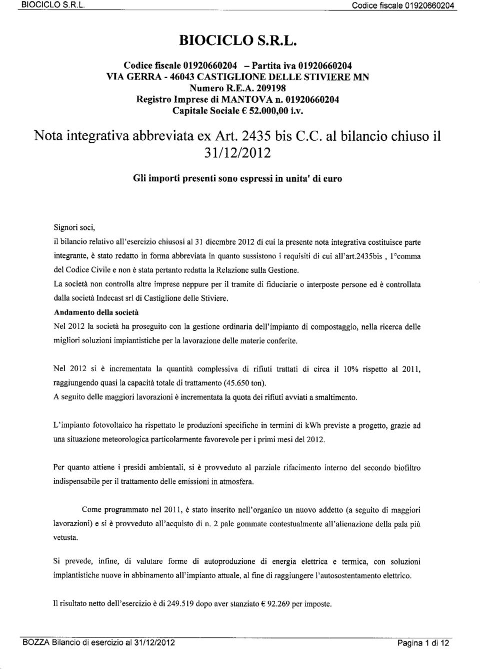 pitale Sociale 52., i.v. Nota integrativa abbreviata ex Art. 2435 bis C.