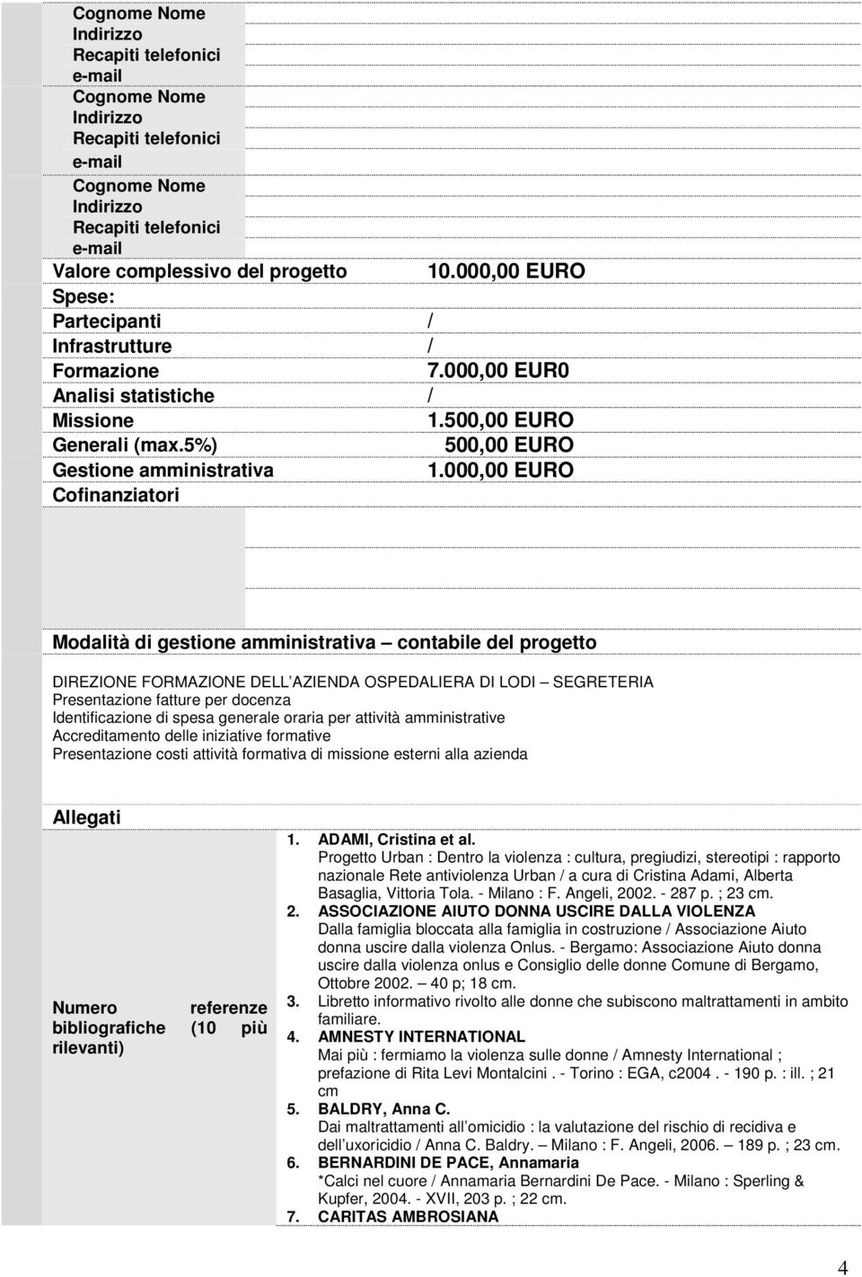 000,00 EURO Cofinanziatori Modalità di gestione amministrativa contabile del progetto DIREZIONE FORMAZIONE DELL AZIENDA OSPEDALIERA DI LODI SEGRETERIA Presentazione fatture per docenza