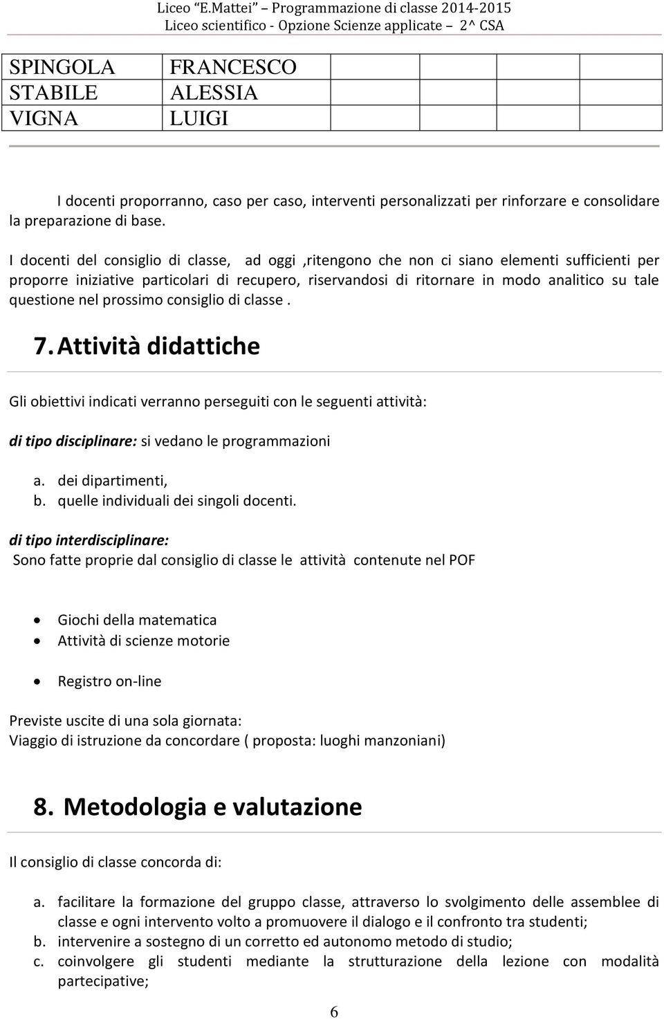 questione nel prossimo consiglio di classe. 7. Attività didattiche Gli obiettivi indicati verranno perseguiti con le seguenti attività: di tipo disciplinare: si vedano le programmazioni a.