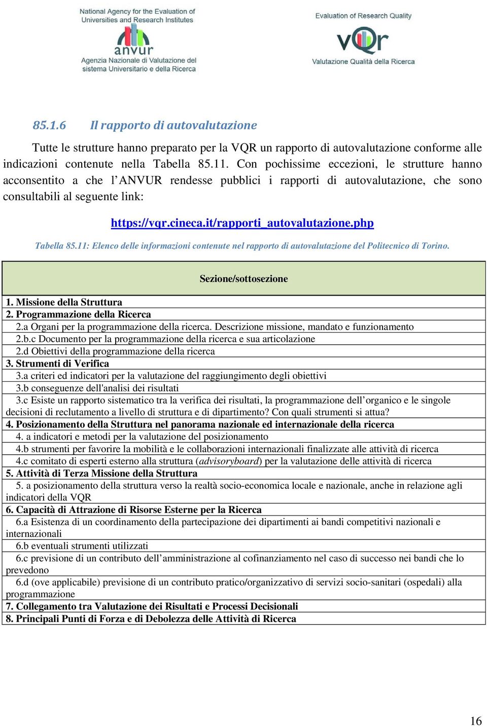 it/rapporti_autovalutazione.php Tabella 85.11: Elenco delle informazioni contenute nel rapporto di autovalutazione del Politecnico di Torino. Sezione/sottosezione 1. Missione della Struttura 2.