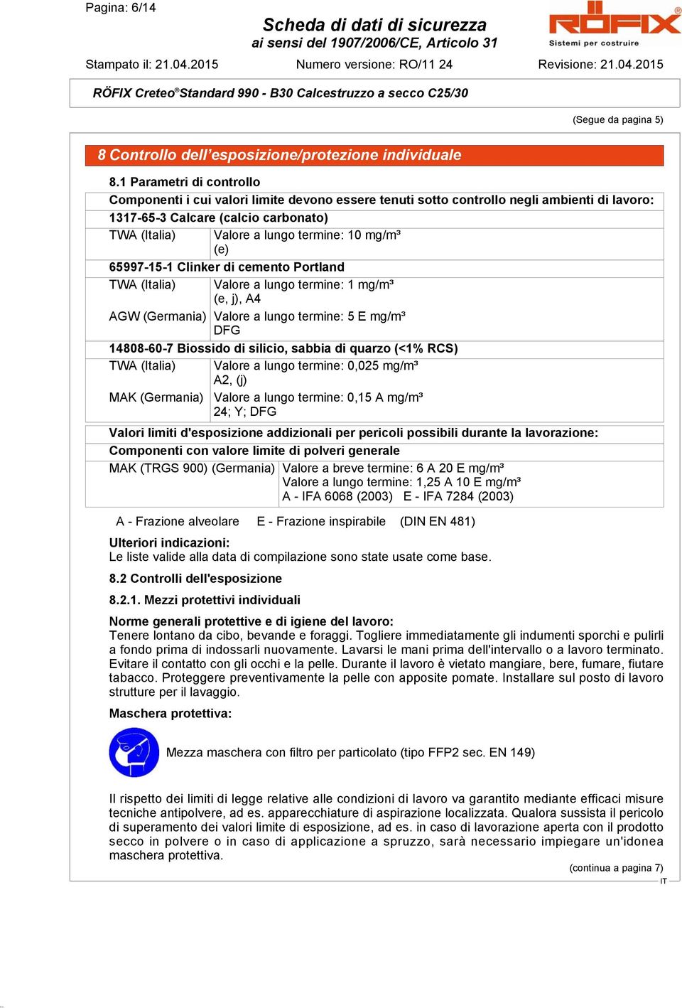 mg/m³ (e) 65997-15-1 Clinker di cemento Portland TWA (Italia) Valore a lungo termine: 1 mg/m³ (e, j), A4 AGW (Germania) Valore a lungo termine: 5 E mg/m³ DFG 14808-60-7 Biossido di silicio, sabbia di