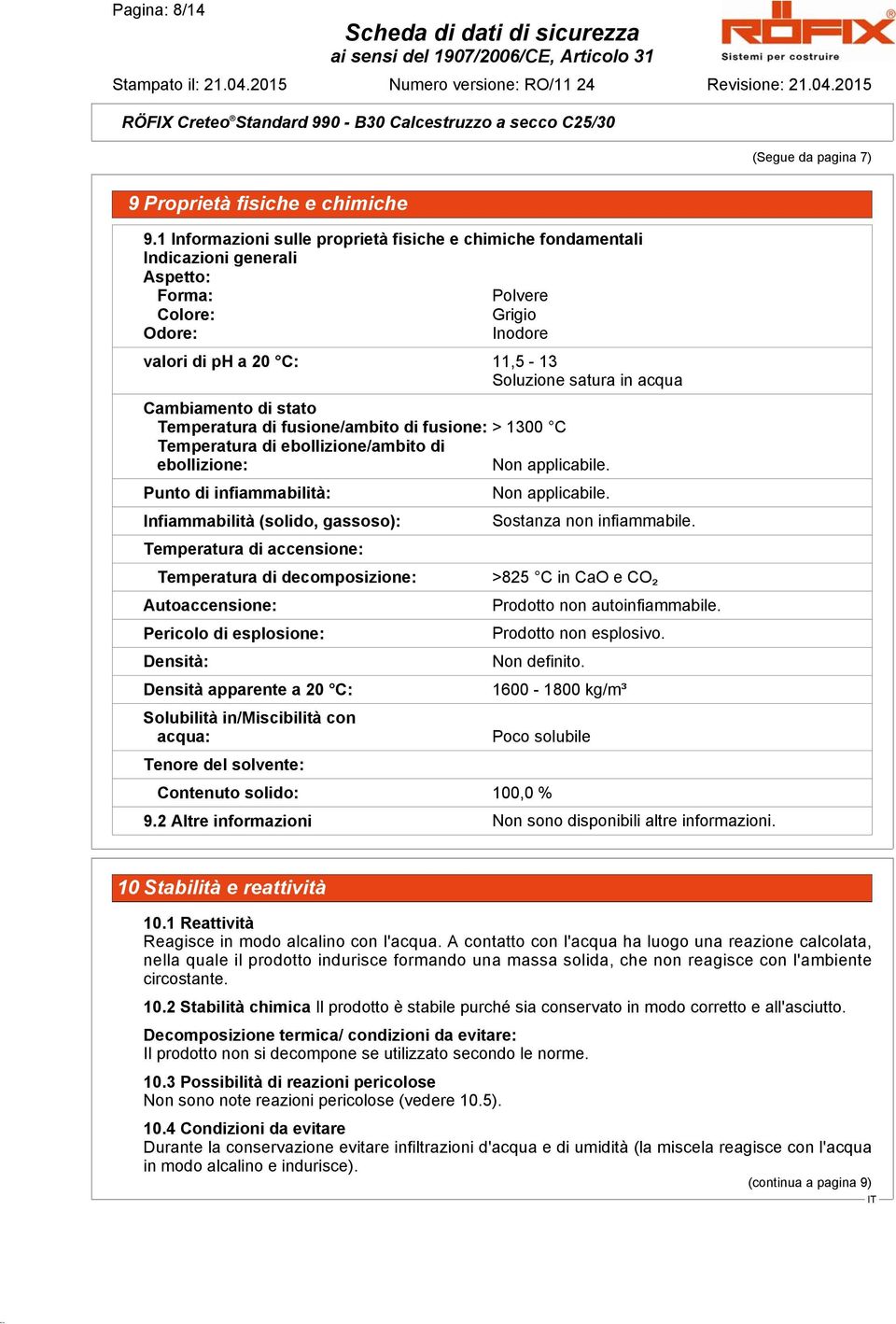 Cambiamento di stato Temperatura di fusione/ambito di fusione: > 1300 C Temperatura di ebollizione/ambito di ebollizione: Non applicabile.