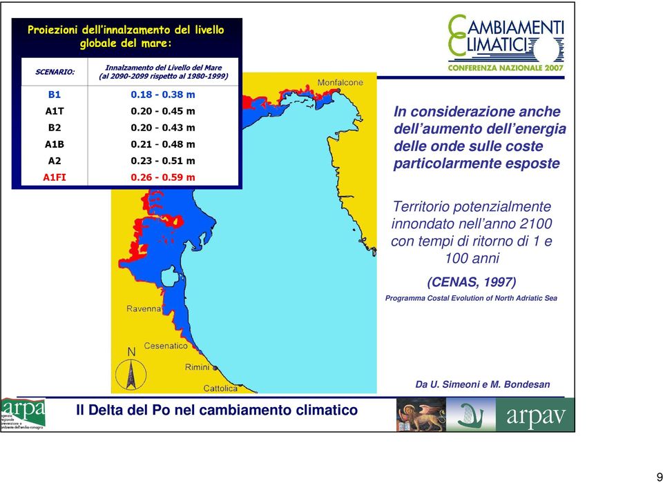 nell anno 2100 con tempi di ritorno di 1 e 100 anni (CENAS, 1997)