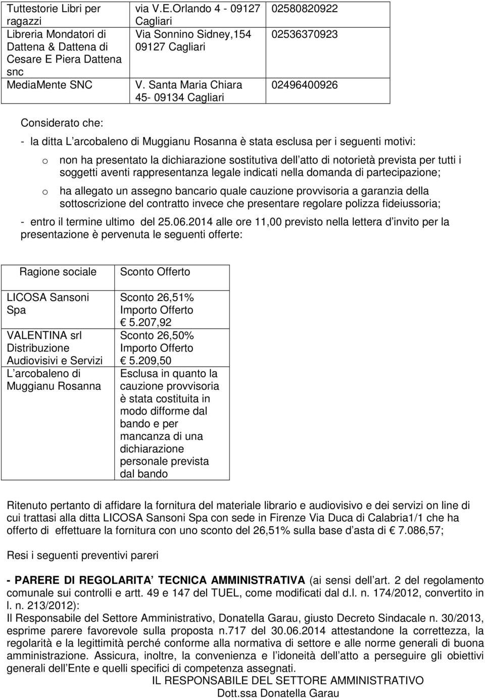 dichiarazione sostitutiva dell atto di notorietà prevista per tutti i soggetti aventi rappresentanza legale indicati nella domanda di partecipazione; ha allegato un assegno bancario quale cauzione