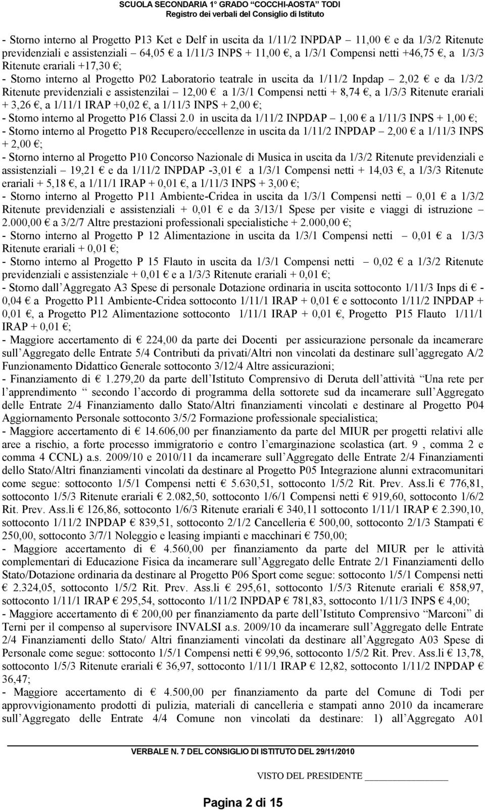 a 1/3/3 Ritenute erariali + 3,26, a 1/11/1 IRAP +0,02, a 1/11/3 INPS + 2,00 ; - Storno interno al Progetto P16 Classi 2.