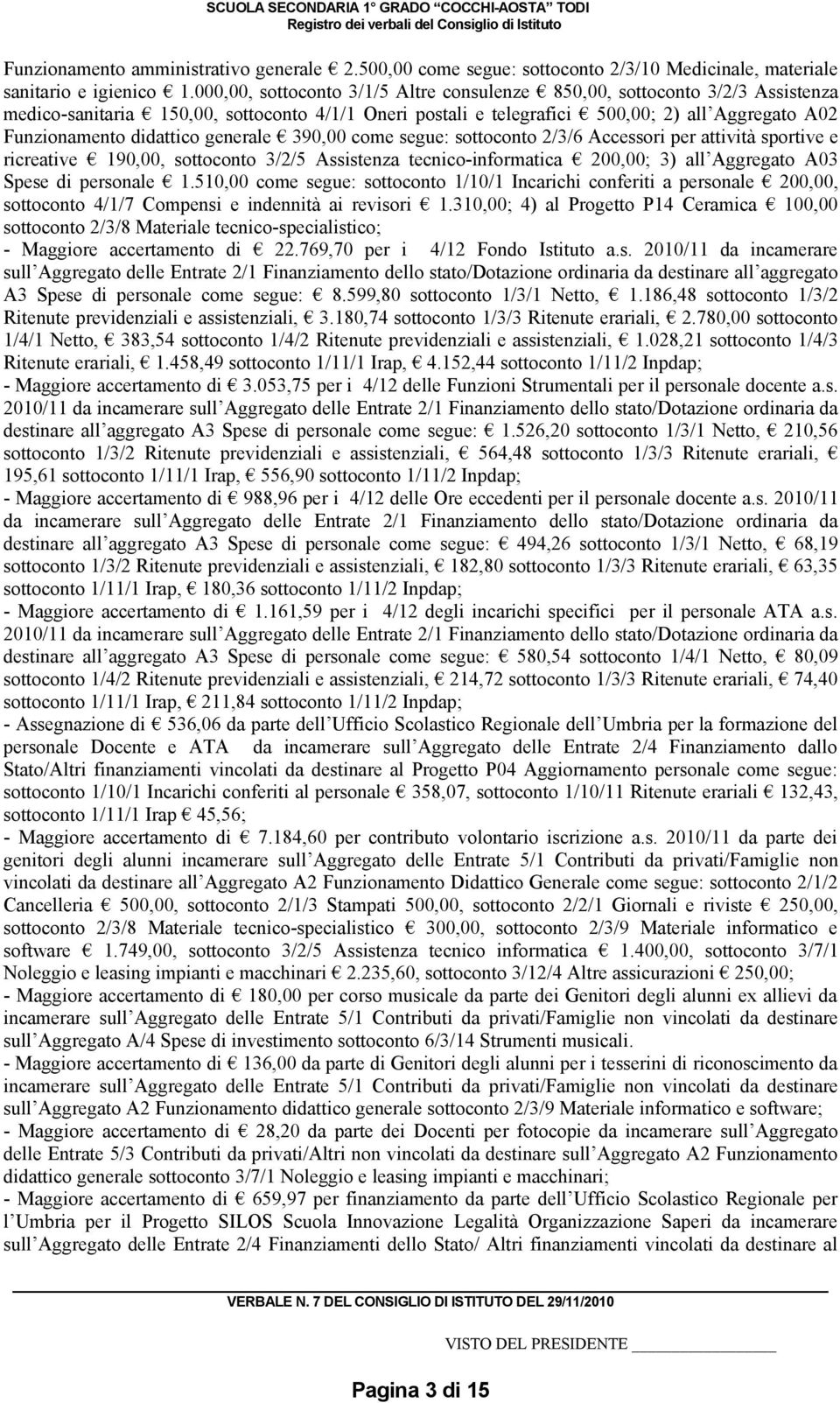 didattico generale 390,00 come segue: sottoconto 2/3/6 Accessori per attività sportive e ricreative 190,00, sottoconto 3/2/5 Assistenza tecnico-informatica 200,00; 3) all Aggregato A03 Spese di