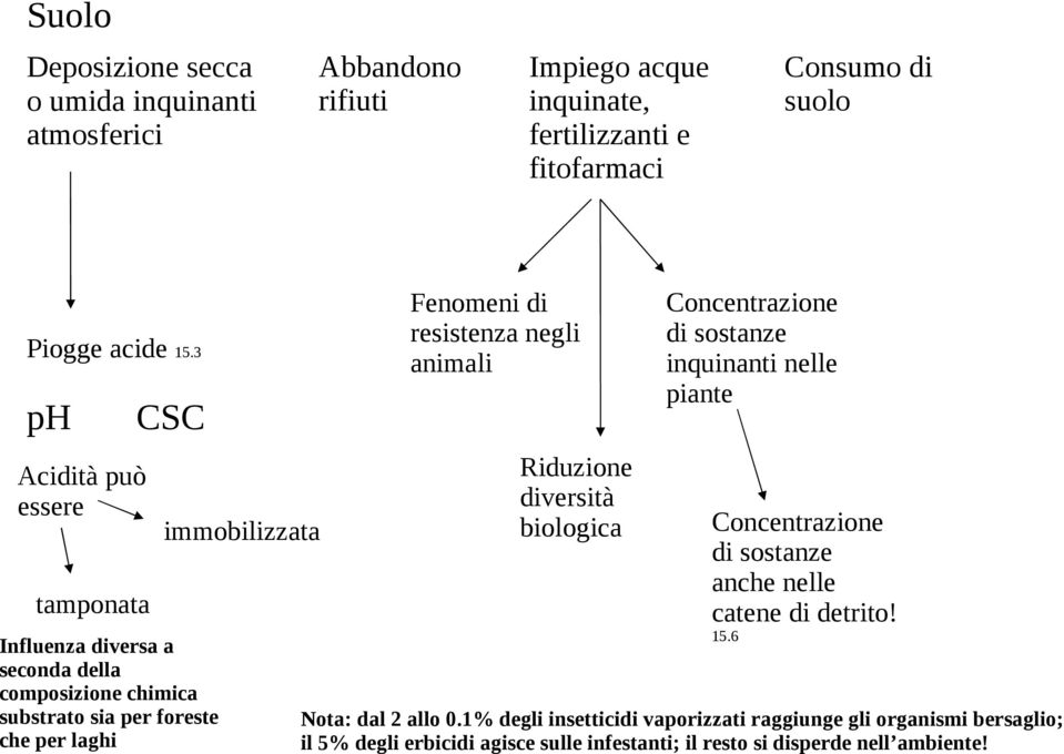 resistenza negli animali Riduzione diversità biologica Concentrazione di sostanze inquinanti nelle piante Concentrazione di sostanze anche nelle catene di detrito!