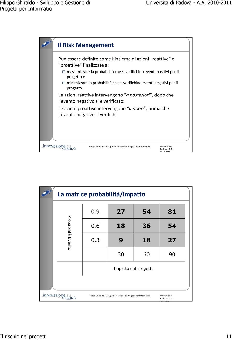 verifichino eventi positivi per il progetto e minimizzare la probabilità che si verifichino eventi negativi per il progetto.