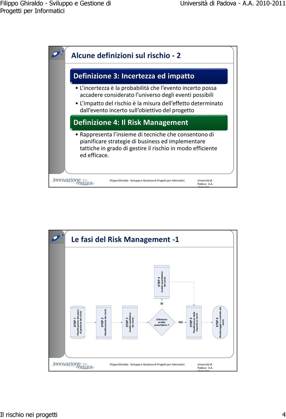 del rischio è la misura dell effetto determinato dall evento incerto sull obiettivo del progetto Definizione 4: Il Risk Management Rappresenta l insieme di tecniche che consentono di pianificare