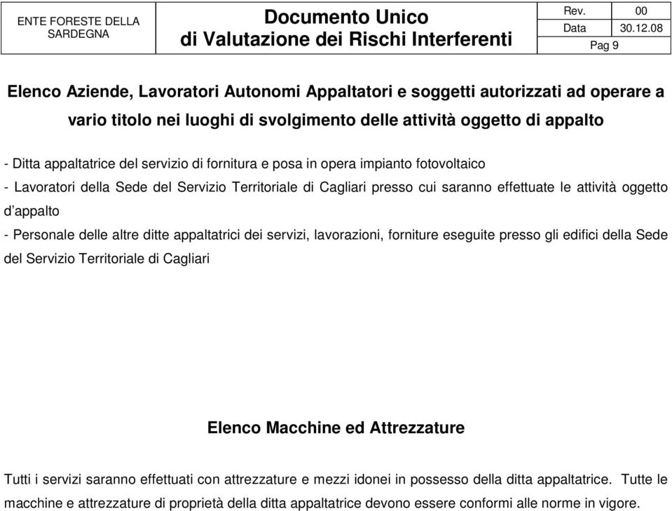 oggetto d appalto - Personale delle altre ditte appaltatrici dei servizi, lavorazioni, forniture eseguite presso gli edifici della Sede del Servizio Territoriale di Cagliari Elenco Macchine ed