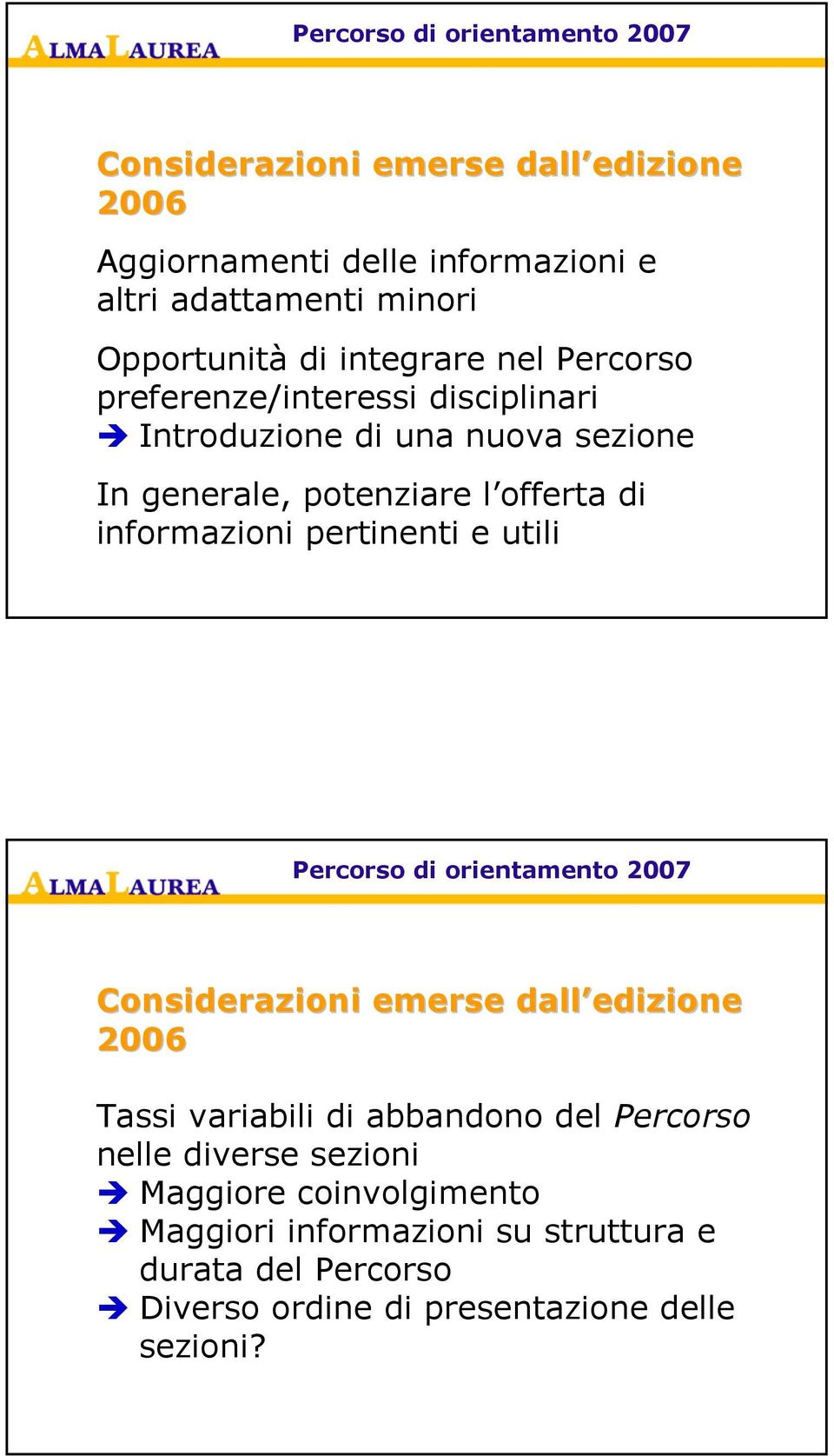 informazioni pertinenti e utili Percorso di orientamento 200 Considerazioni emerse dall edizione 200 Tassi variabili di abbandono del