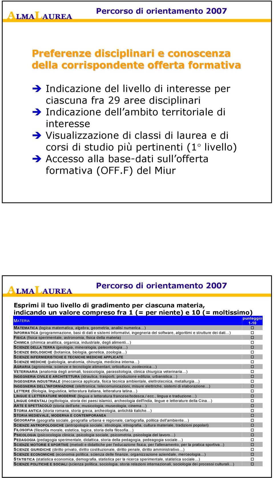 F) del Miur Percorso di orientamento 200 Esprimi il tuo livello di gradimento per ciascuna materia, indicando un valore compreso fra 1 (= per niente) e 10 (= moltissimo) MATERIA punteggio 1-10