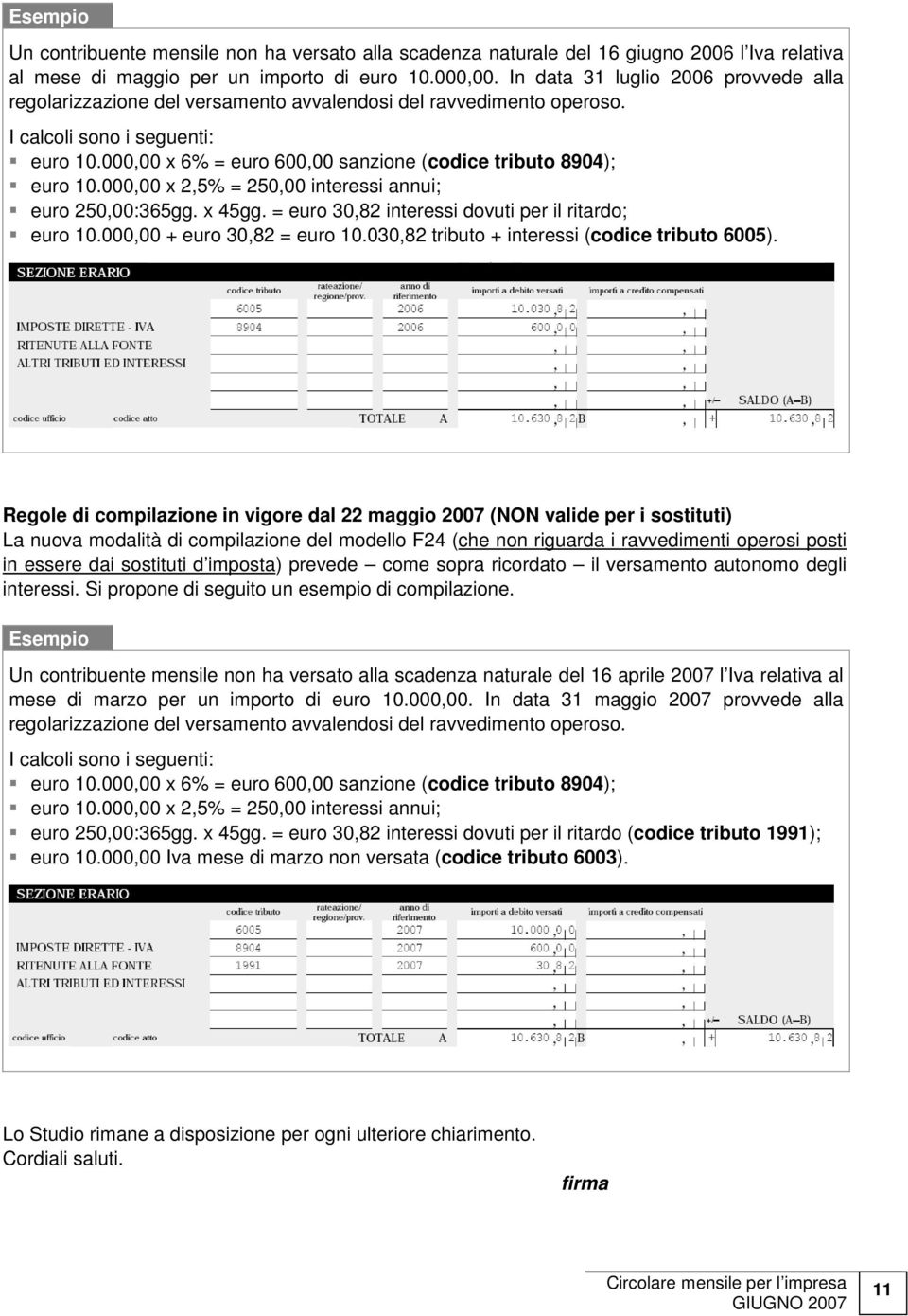 000,00 x 6% = euro 600,00 sanzione (codice tributo 8904); euro 10.000,00 x 2,5% = 250,00 interessi annui; euro 250,00:365gg. x 45gg. = euro 30,82 interessi dovuti per il ritardo; euro 10.