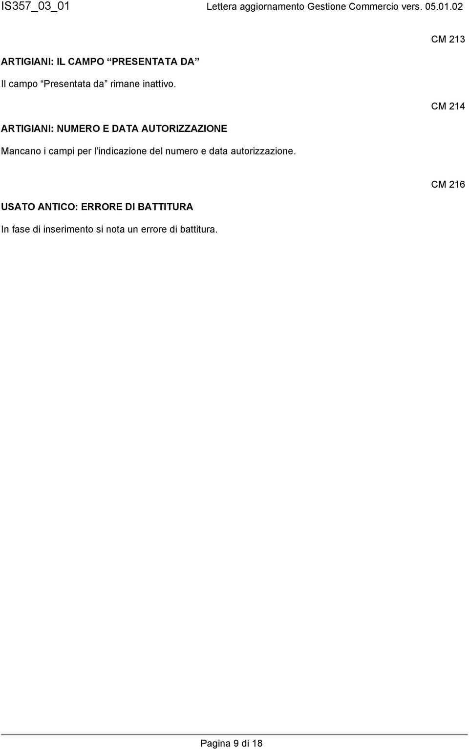 CM 214 ARTIGIANI: NUMERO E DATA AUTORIZZAZIONE Mancano i campi per l