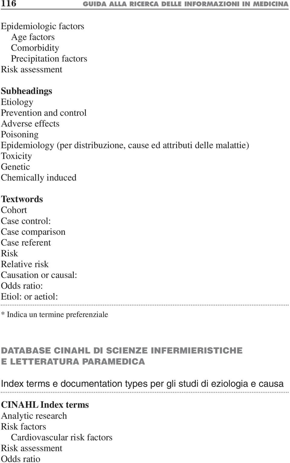 comparison Case referent Risk Relative risk Causation or causal: Odds ratio: Etiol: or aetiol: * Indica un termine preferenziale DATABASE CINAHL DI SCIENZE INFERMIERISTICHE E