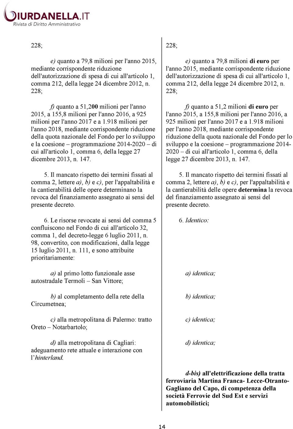 918 milioni per l'anno 2018, mediante corrispondente riduzione della quota nazionale del Fondo per lo sviluppo e la coesione programmazione 2014-2020 di cui all'articolo 1, comma 6, della legge 27