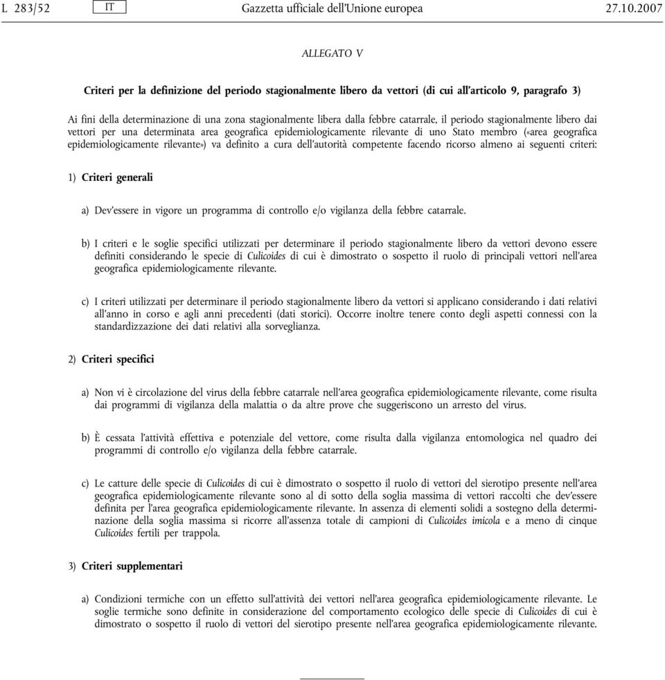 febbre catarrale, il periodo stagionalmente libero dai vettori per una determinata area geografica epidemiologicamente rilevante di uno Stato membro («area geografica epidemiologicamente rilevante»)