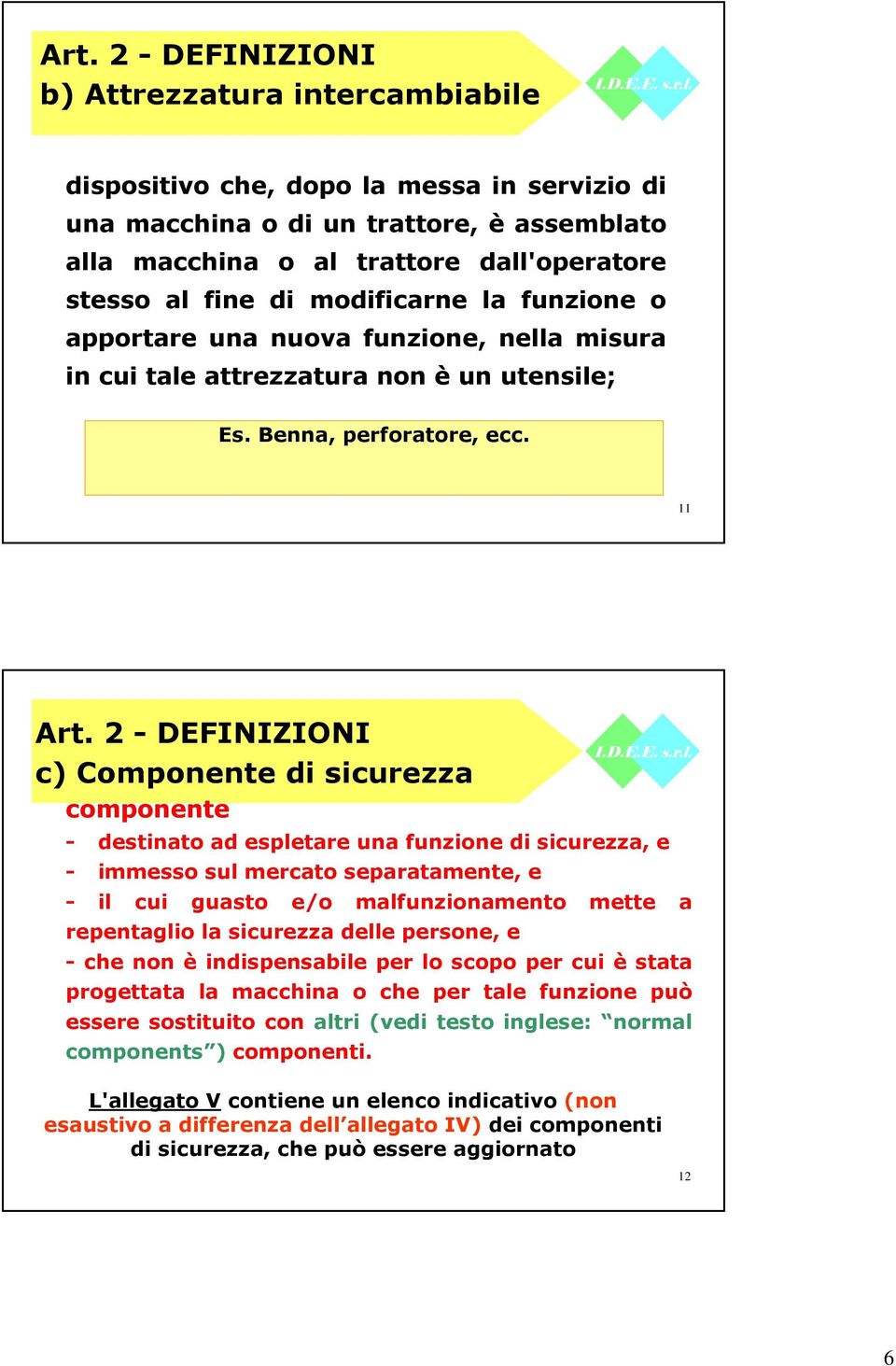 2 - DEFINIZIONI c) Componente di sicurezza componente - destinato ad espletare una funzione di sicurezza, e - immesso sul mercato separatamente, e - il cui guasto e/o malfunzionamento mette a