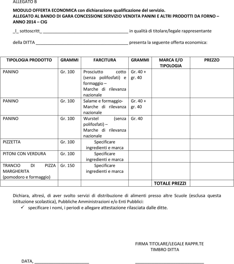 offerta economica: TIPOLOGIA PRODOTTO GRAMMI FARCITURA GRAMMI MARCA E/O TIPOLOGIA PANINO Gr. 100 Prosciutto cotto Gr. 40 + (senza polifosfati) e gr.