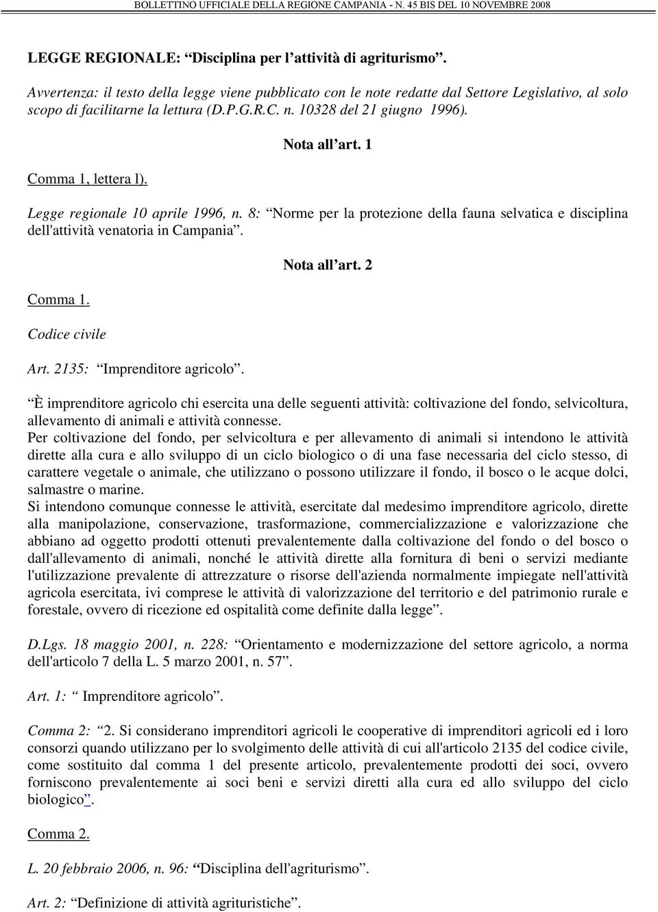 8: Norme per la protezione della fauna selvatica e disciplina dell'attività venatoria in Campania. Comma 1. Codice civile Art. 2135: Imprenditore agricolo. Nota all art.