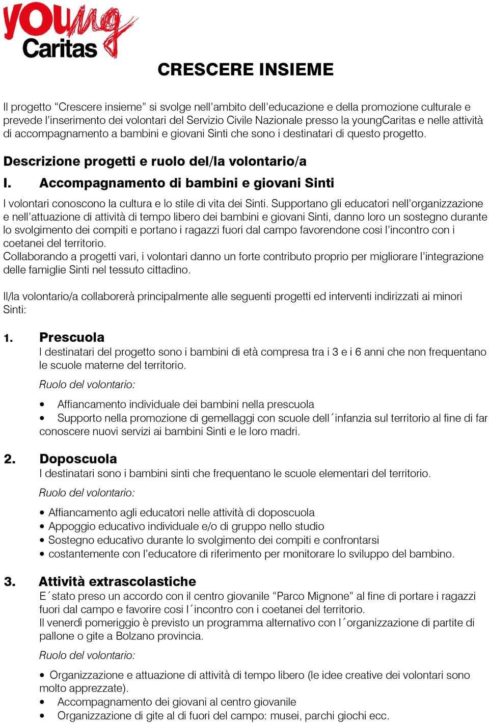 Accompagnamento di bambini e giovani Sinti I volontari conoscono la cultura e lo stile di vita dei Sinti.