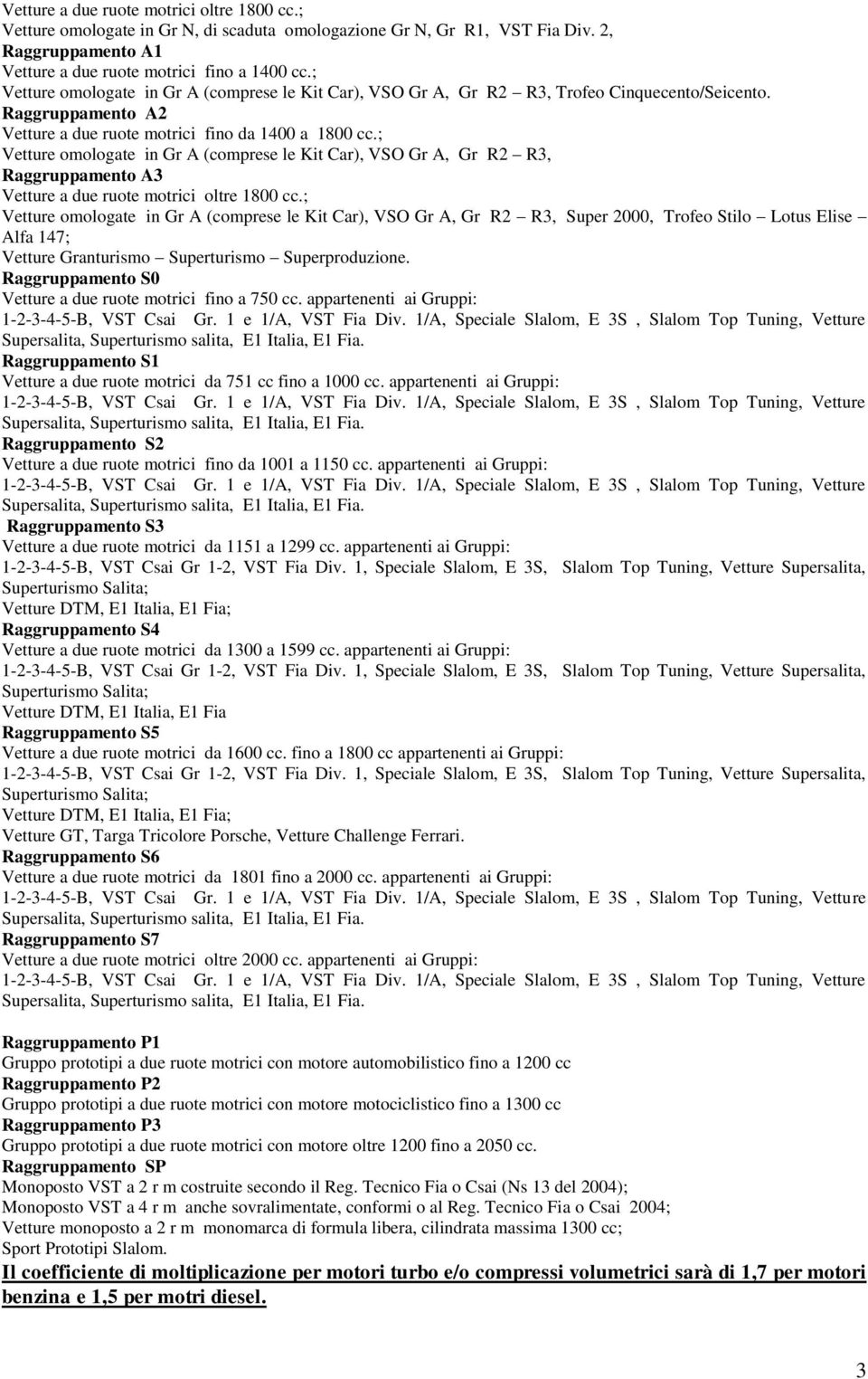 ; Vetture omologate in Gr A (comprese le Kit Car), VSO Gr A, Gr R2 R3, Raggruppamento A3 Vetture a due ruote motrici oltre 1800 cc.