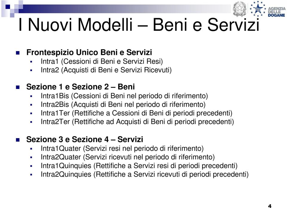 precedenti) Intra2Ter (Rettifiche ad Acquisti di Beni di periodi precedenti) Sezione 3 e Sezione 4 Servizi Intra1Quater (Servizi resi nel periodo di riferimento) Intra2Quater