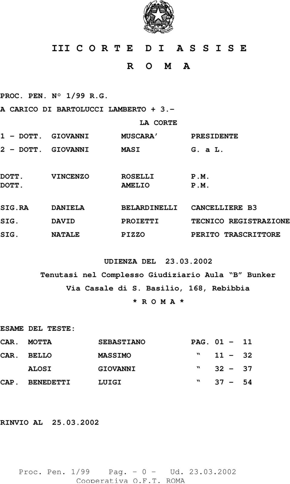 NATALE PIZZO PERITO TRASCRITTORE UDIENZA DEL 23.03.2002 Tenutasi nel Complesso Giudiziario Aula B Bunker Via Casale di S.