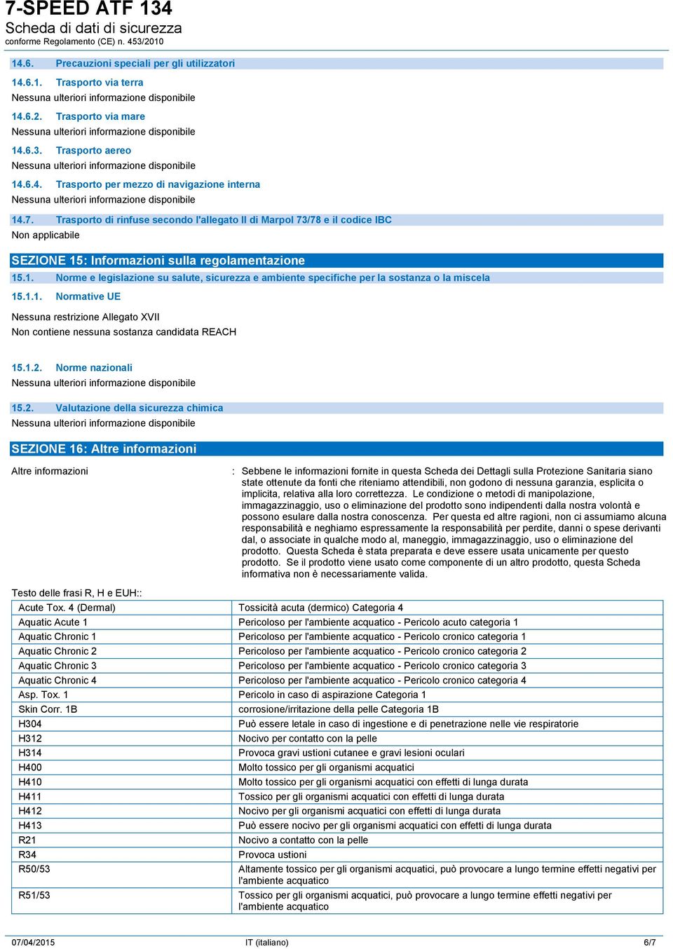 1.1. Normative UE Nessuna restrizione Allegato XVII Non contiene nessuna sostanza candidata REACH 15.1.2.