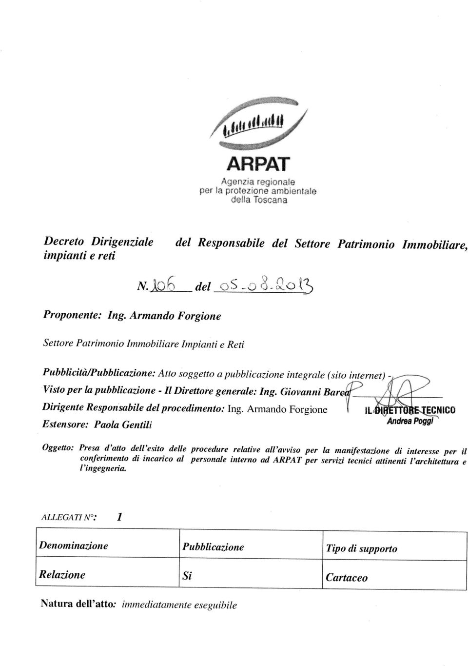 Ing. Giovanni Bare.ar Dirigente Responsabile del procedimento: Ing. Armando Forgione L4iìE.