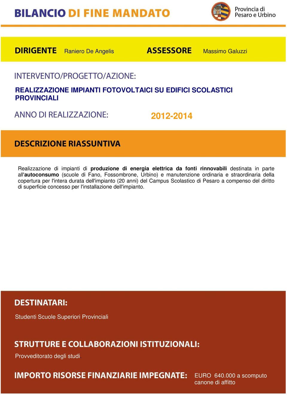 straordinaria della copertura per l'intera durata dell'impianto (20 anni) del Campus Scolastico di Pesaro a compenso del diritto di