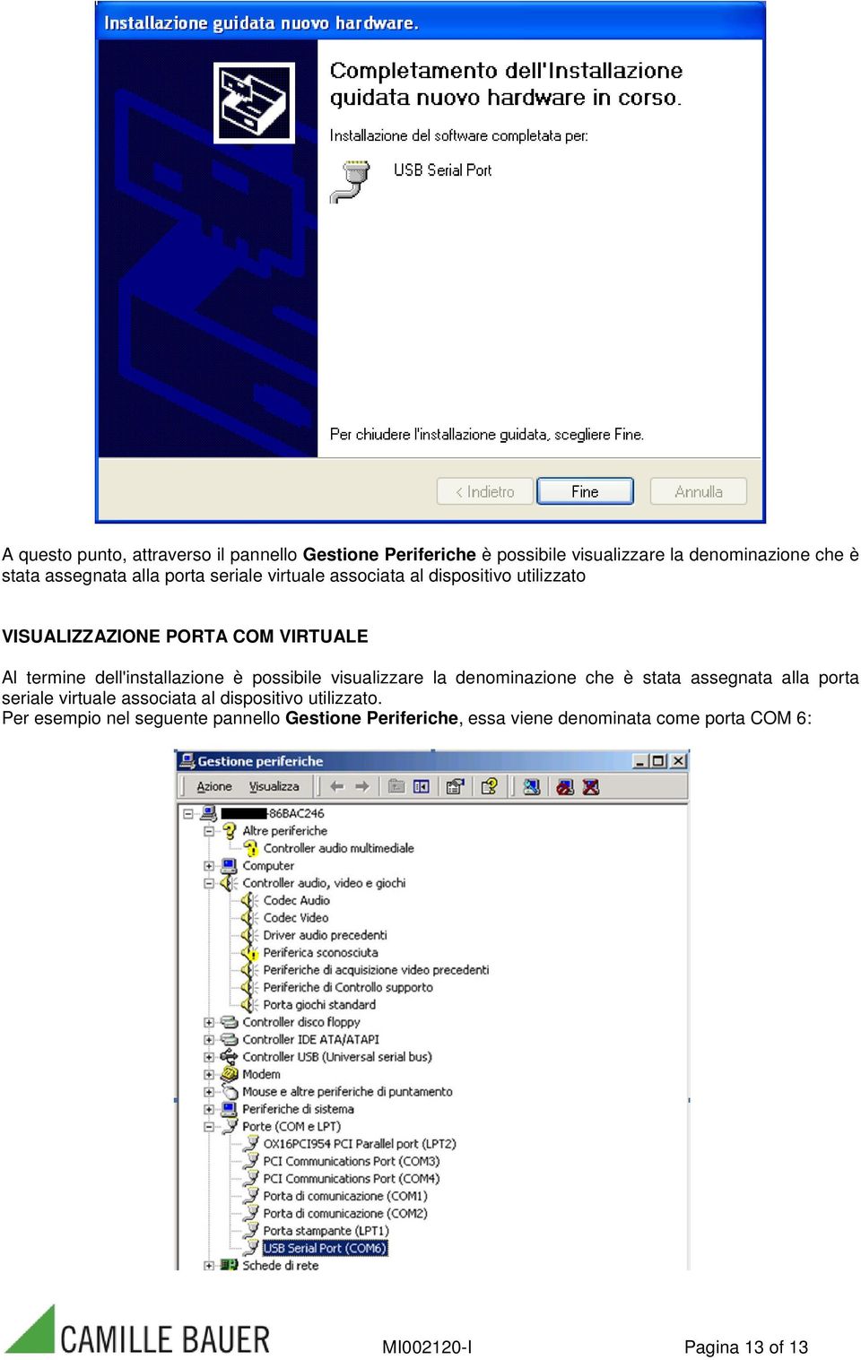 dell'installazione è possibile visualizzare la denominazione che è stata assegnata alla porta seriale virtuale associata al