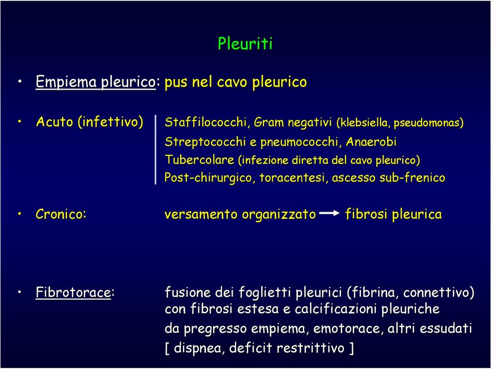 chirurgico,, toracentesi, ascesso sub-frenico versamento organizzato fibrosi pleurica Fibrotorace: fusione dei foglietti