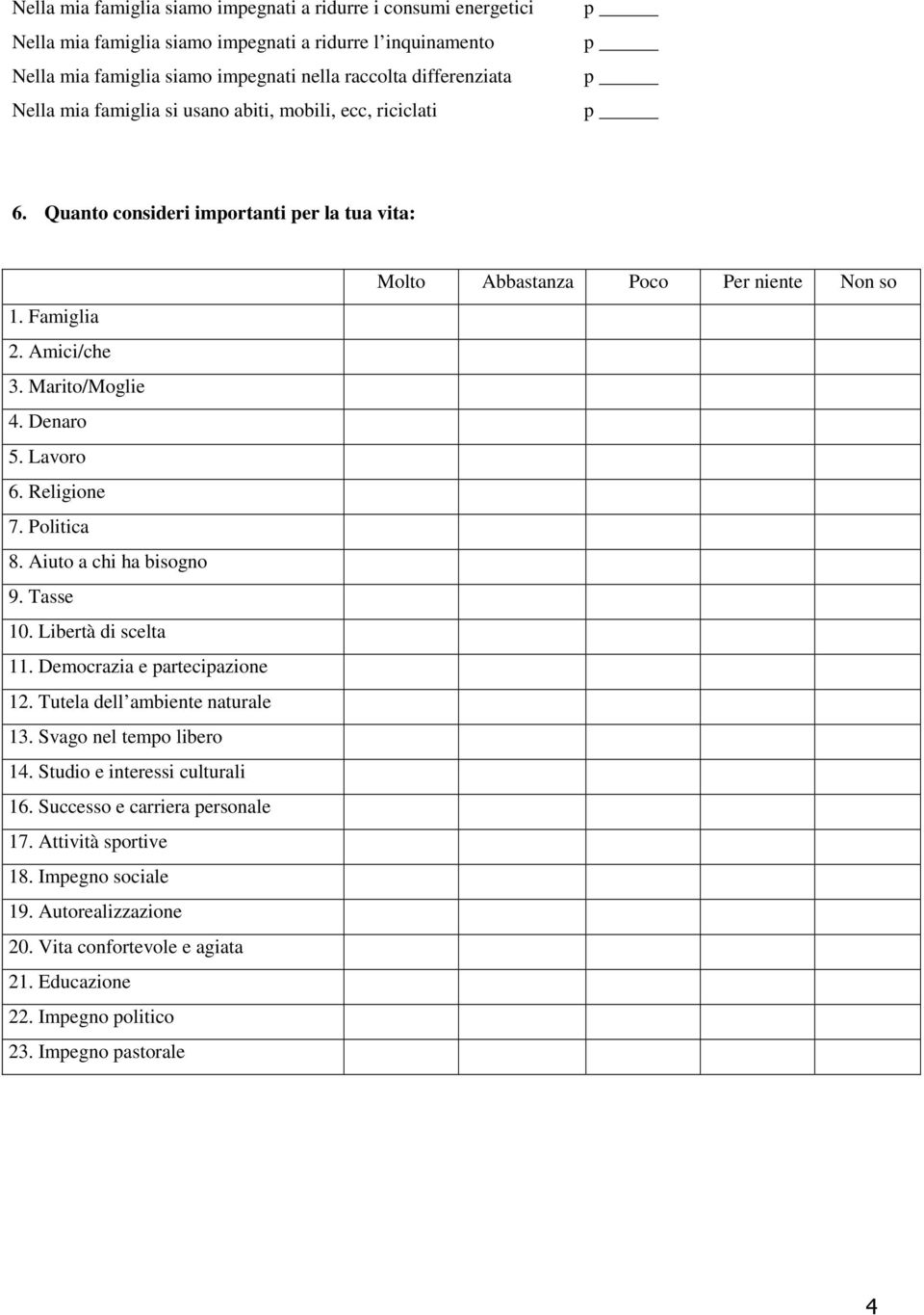 Aiuto a chi ha bisogno 9. Tasse 10. Libertà di scelta 11. Democrazia e partecipazione 12. Tutela dell ambiente naturale 13. Svago nel tempo libero 14. Studio e interessi culturali 16.