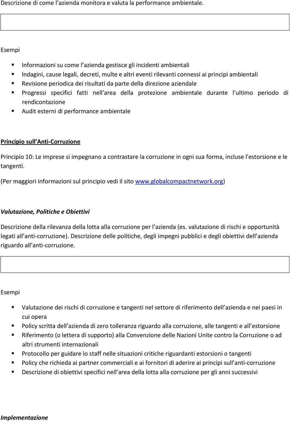 parte della direzione aziendale Progressi specifici fatti nell area della protezione ambientale durante l ultimo periodo di rendicontazione Audit esterni di performance ambientale Principio sull Anti