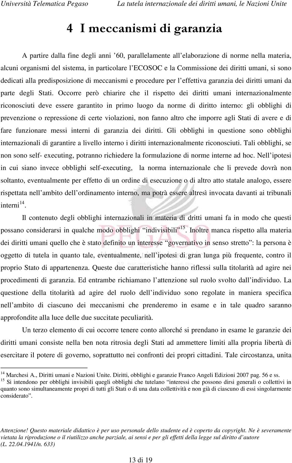 Occorre però chiarire che il rispetto dei diritti umani internazionalmente riconosciuti deve essere garantito in primo luogo da norme di diritto interno: gli obblighi di prevenzione o repressione di