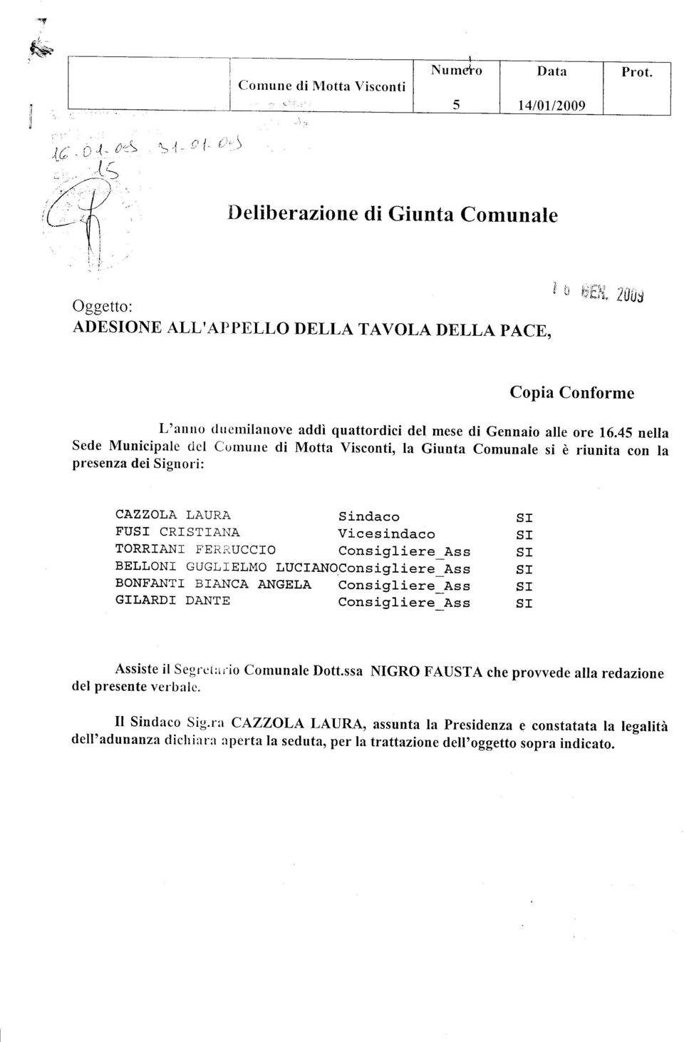 16.45 nella Sede Municipale cicl Cutnune di Motta Visconti, Ia Giunta Comunale si è riunita con la presenza dei Signori: CAZZOLA LAURA FU CRISTIANA TORRIANI FEIìI-rUCCIO Sindaco Vicesindaco