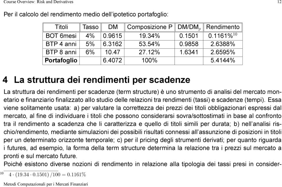 4144% 4 La struttura dei rendimenti per scadenze La struttura dei rendimenti per scadenze (term structure) è uno strumento di analisi del mercato monetario e nanziario nalizzato alio studio delle