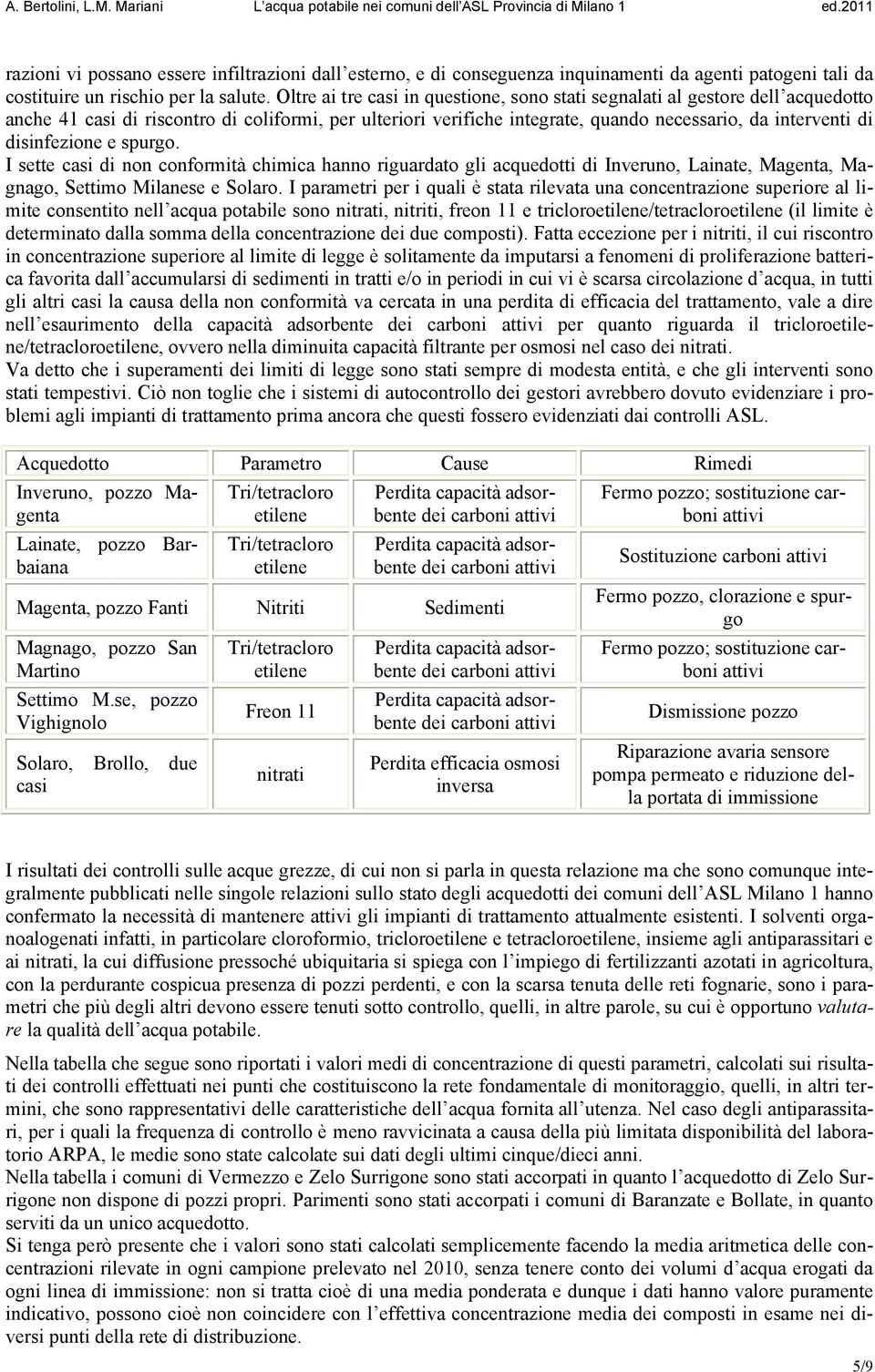 disinfezione e spurgo. I sette casi di non conformità chimica hanno riguardato gli acquedotti di Inveruno, Lainate, Magenta, Magnago, Settimo Milanese e Solaro.