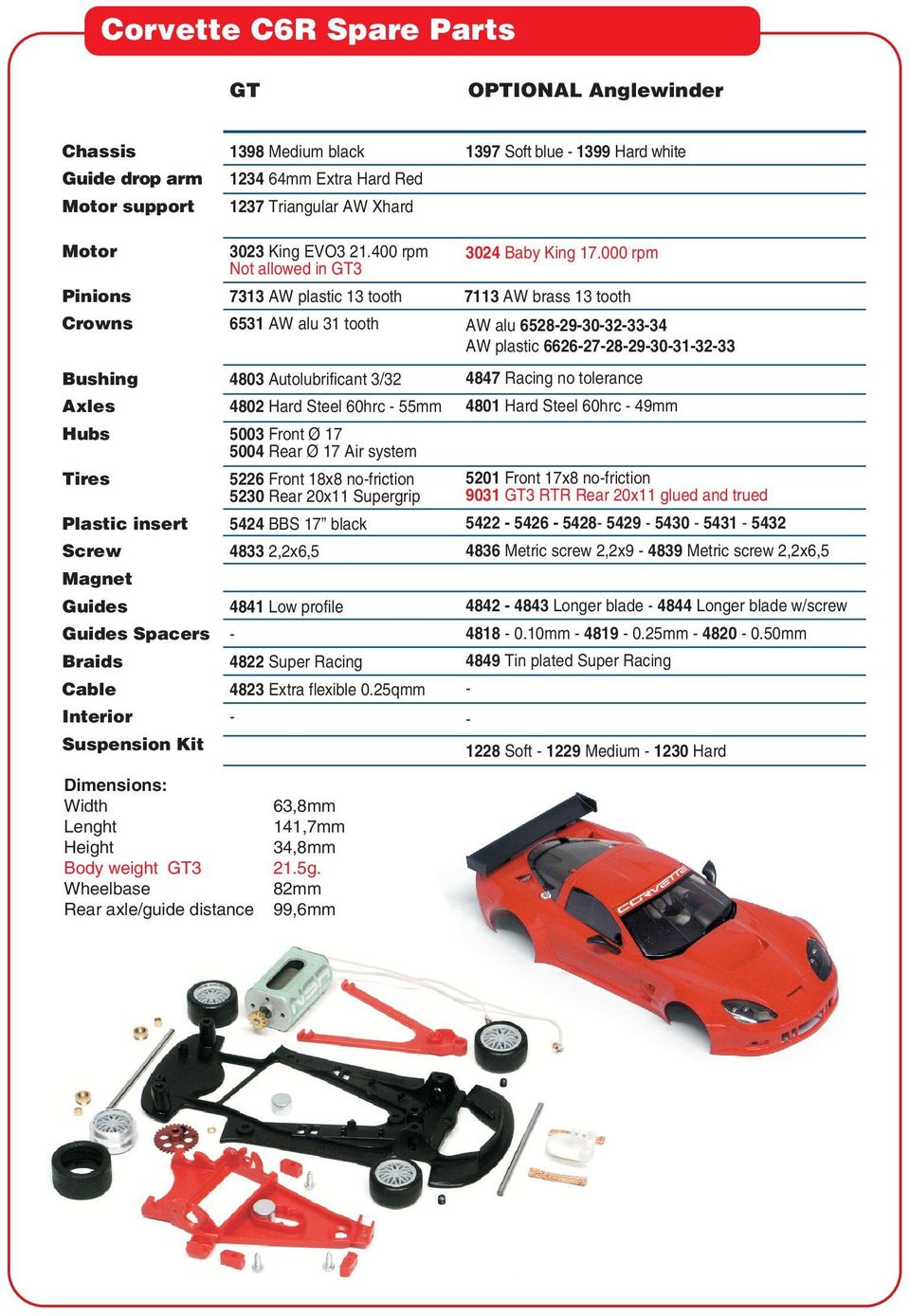 400 rpm Not allowed in GT3 7313 AW plastic 13 tooth 6531 AW alu 31 tooth Bushing 4803 Autolubrificant 3/32 Axles 4802 Hard Steel 60hrc 55mm Hubs 5003 Front Ø 17 5004 Rear Ø 17 Air system Tires 5226