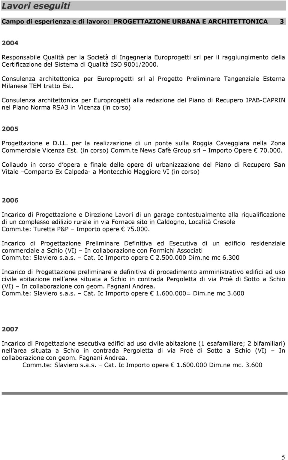 Consulenza architettonica per Europrogetti alla redazione del Piano di Recupero IPAB-CAPRIN nel Piano Norma RSA3 in Vicenza (in corso) 2005 Progettazione e D.LL.