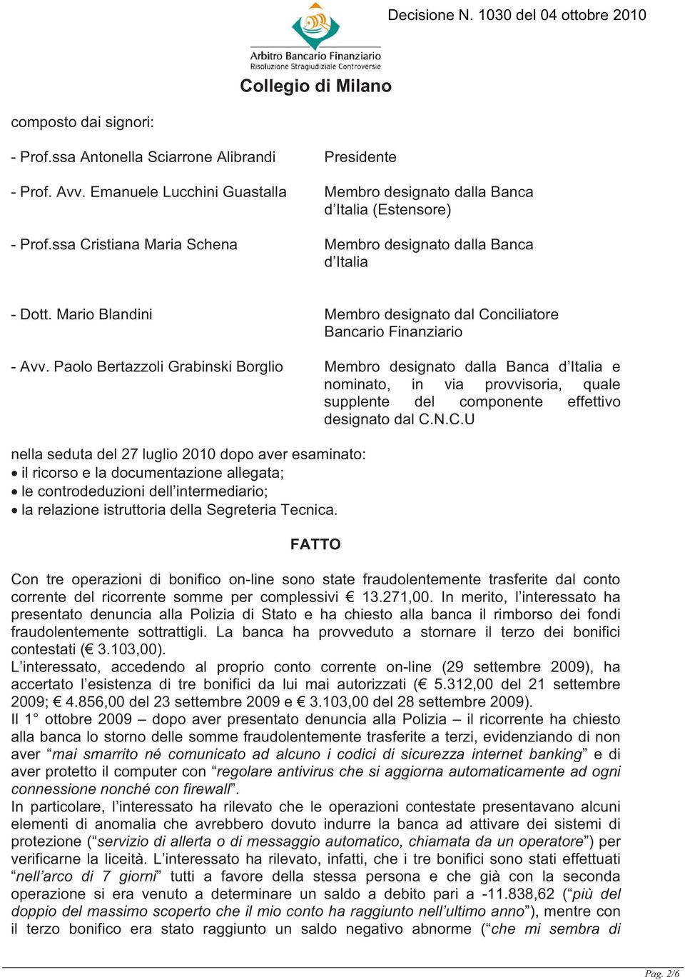Paolo Bertazzoli Grabinski Borglio Membro designato dalla Banca d Italia e nominato, in via provvisoria, quale supplente del componente effettivo designato dal C.