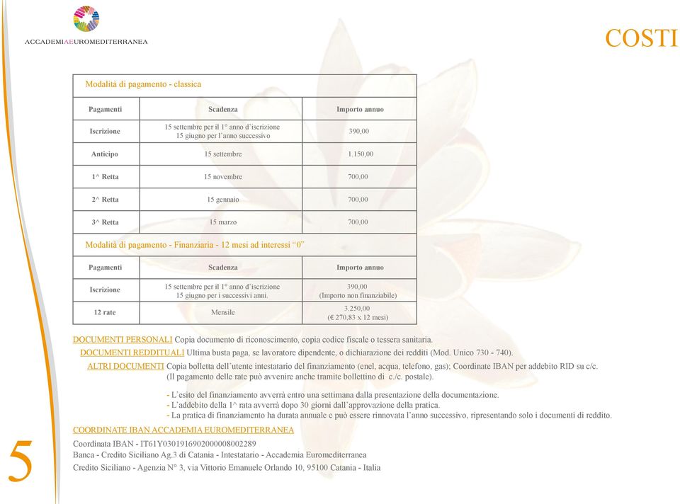 settembre per il 1 anno d iscrizione 15 giugno per i successivi anni. 12 rate Mensile 390,00 (Importo non finanziabile) 3.