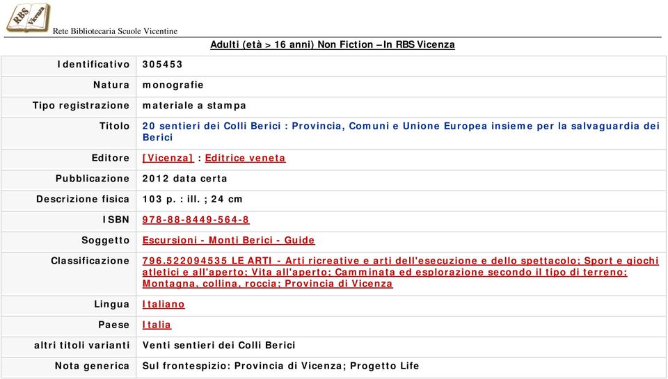 ; 24 cm ISBN 978-88-8449-564-8 Soggetto Classificazione Lingua Paese altri titoli varianti Nota generica Escursioni - Monti Berici - Guide 796.