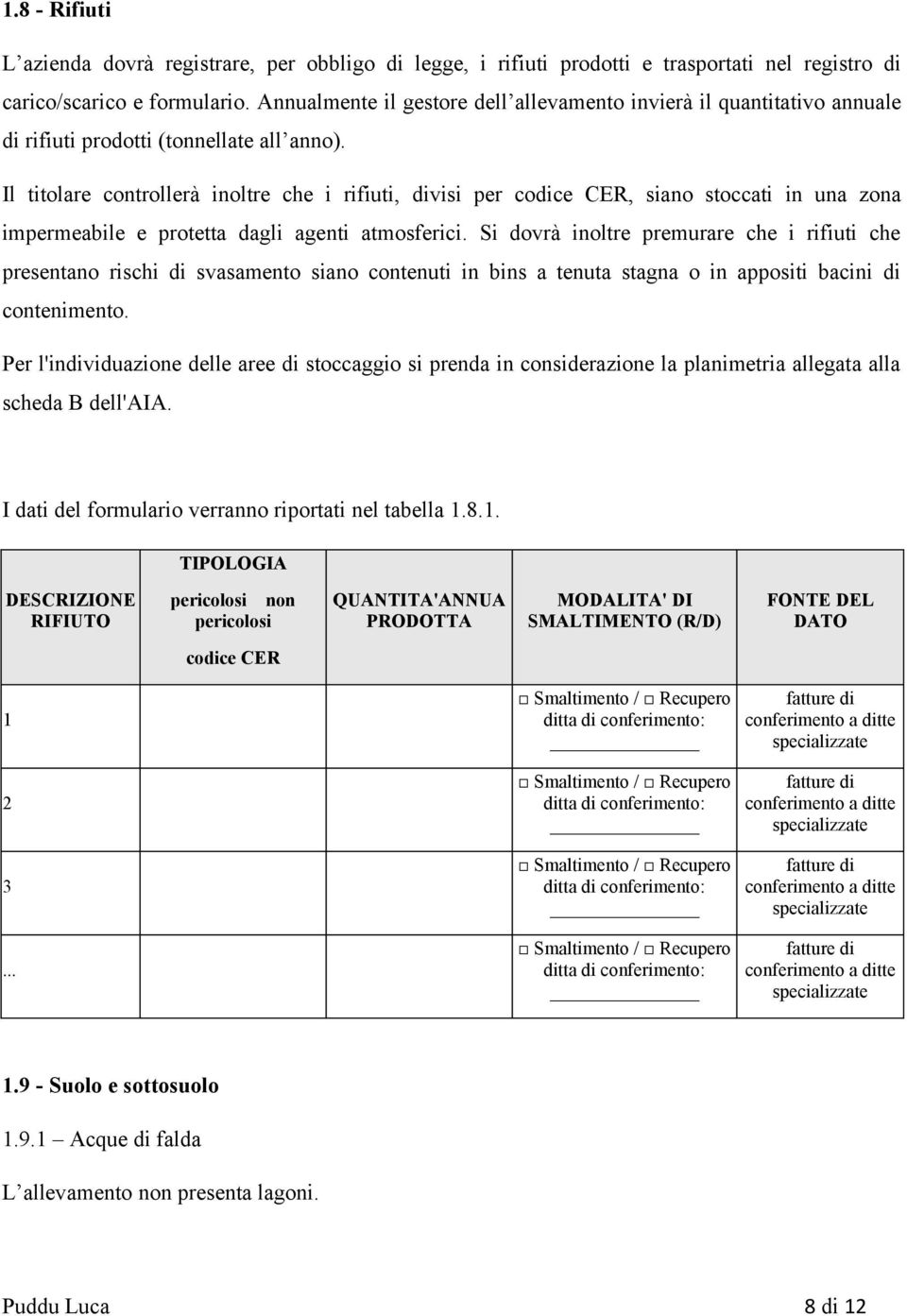 Il titolare controllerà inoltre che i rifiuti, divisi per codice CER, siano stoccati in una zona impermeabile e protetta dagli agenti atmosferici.