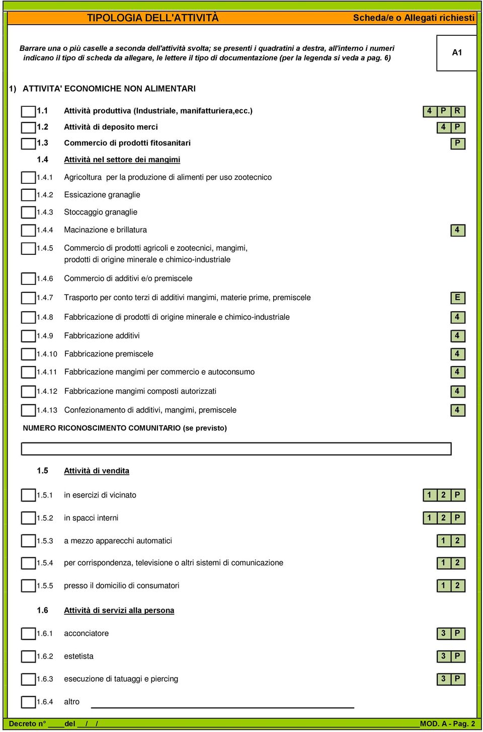 2 Attività di deposito merci 4 P 1.3 Commercio di prodotti fitosanitari P 1.4 Attività nel settore dei mangimi 1.4.1 Agricoltura per la produzione di alimenti per uso zootecnico 1.4.2 Essicazione granaglie 1.