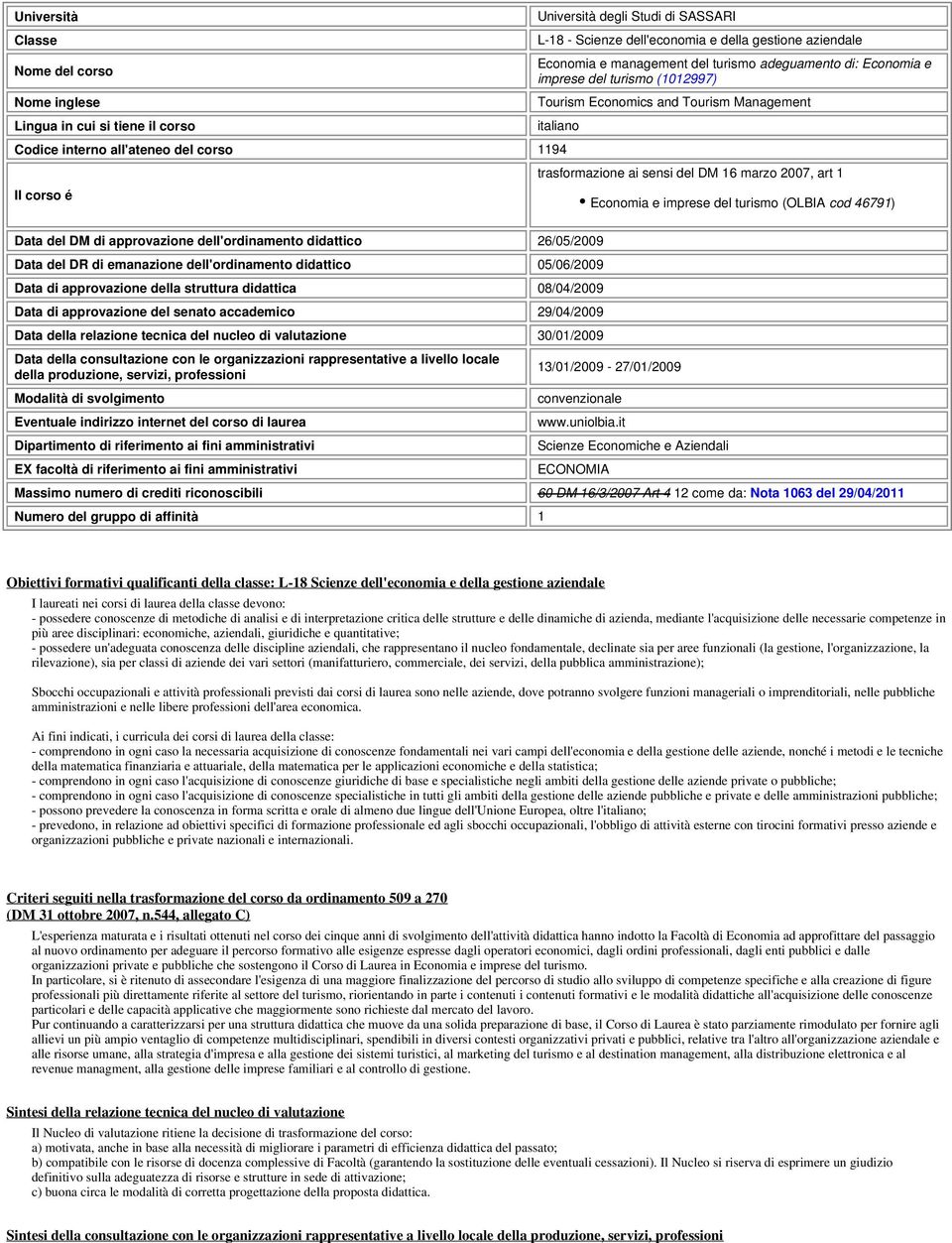 16 marzo 2007, art 1 Economia e imprese del turismo (OLBIA cod 46791) Data del DM di approvazione dell'ordinamento didattico 26/05/2009 Data del DR di emanazione dell'ordinamento didattico 05/06/2009