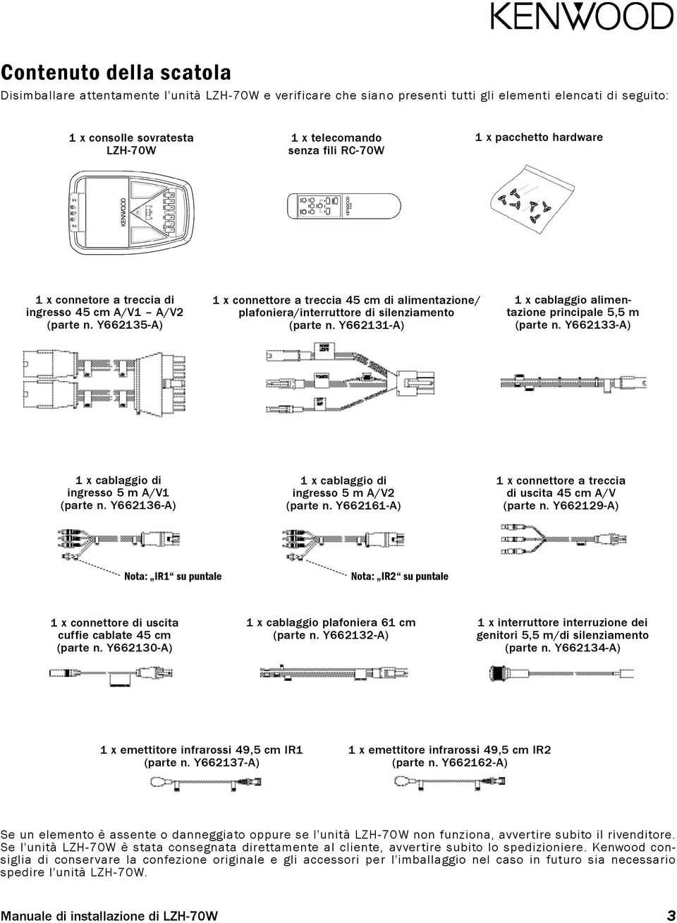 Y662135-A) 1 x connettore a treccia 45 cm di alimentazione/ plafoniera/interruttore di silenziamento (parte n. Y662131-A) 1 x cablaggio alimentazione principale 5,5 m (parte n.